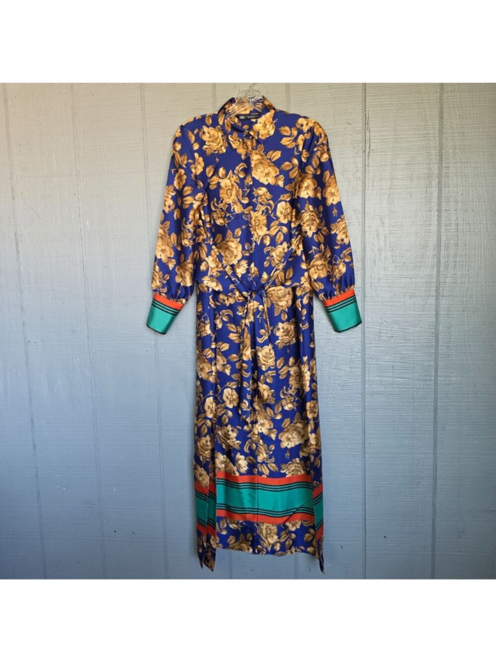 Zara Floral Maxi Shirt Long Sleeve Belted Button Front Boho Scarf Dress. Size XS - Picture 2 of 12